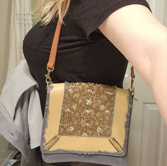 Miss Albright Anthropologie bag denim blue brown leather beading shoulder strap - Picture 9 of 9